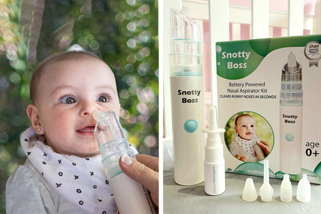 Snotty Boss Electric Mucus Extractor Kit showing close up of mother using device on happy baby, plus packaging box and device with different tips.