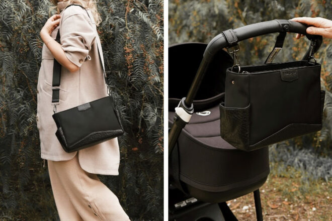 Toots & Co nylon stroller organiser being carried as a bag and attached to the handles of a baby pram