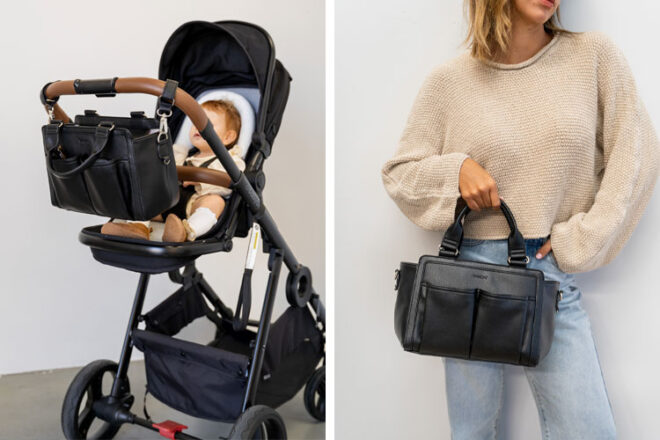 Vanchi Pram Caddy in black showing one attached to a pram, and one being worn as a side bag