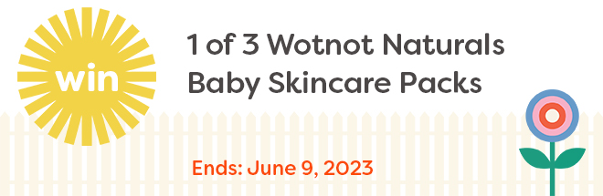 Illustration of a sun with win and text win one of 3 Wotnot Naturals Baby Skincare Packs