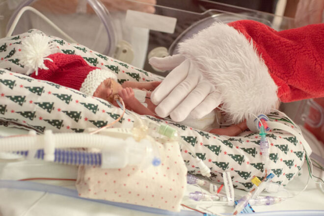 Premature newborn Daphne at Christmas 