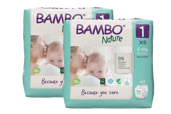 Bambo Nature size one nappies with blue and purple detailing showing their XS size one packaging
