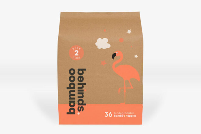 Bamboo Behinds brown and orange sleek packaging showing their newborn size two packaging