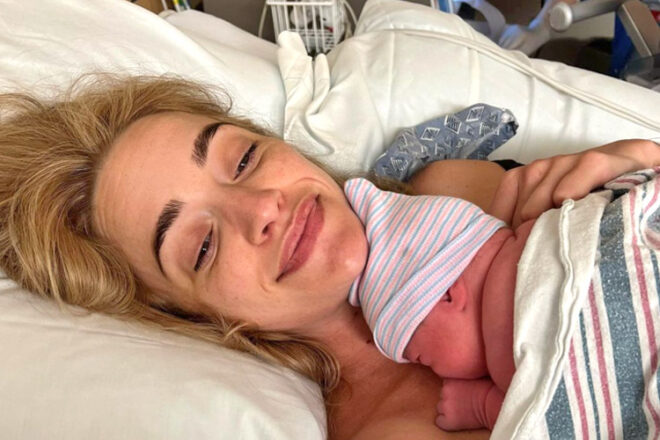 Brianne Howey and newborn baby