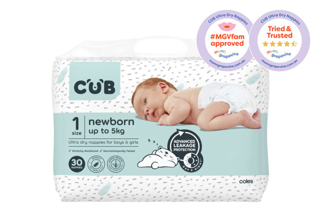Front view of CUB Nappies in size 1 for newborns