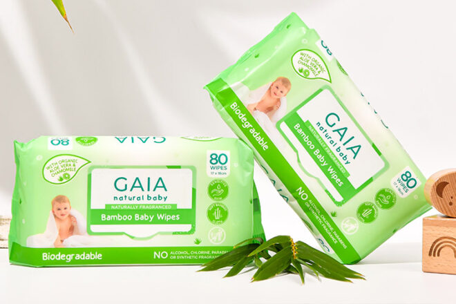 GAIA Naturals bamboo baby wipes showing front of packet in two sizes 