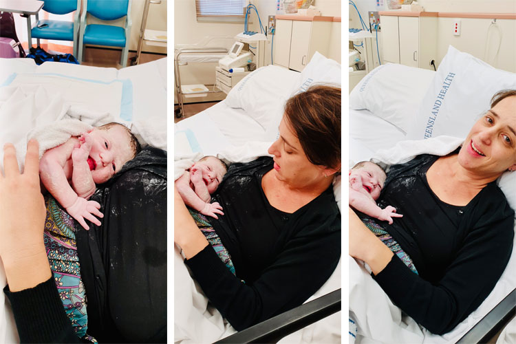 three images of Jackie with baby after birth outside hospital