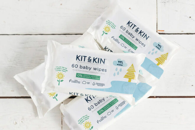 Kit & Kin Baby Wipes in a pile on the floor