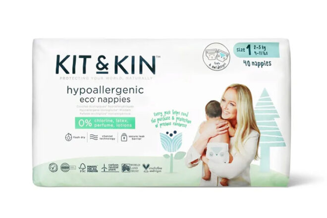 Kit and Kin nappies in size one showing their current packaging 