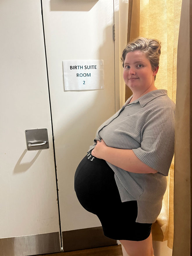 A heavily pregnant Liv in the birth suite