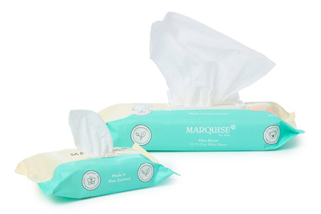 Marquise baby wipes showing travel size and full size packet