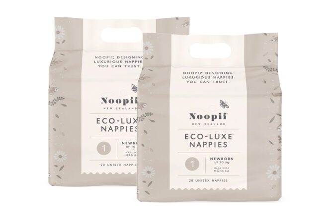 two packets showing front view of Noopii Newborn nappies