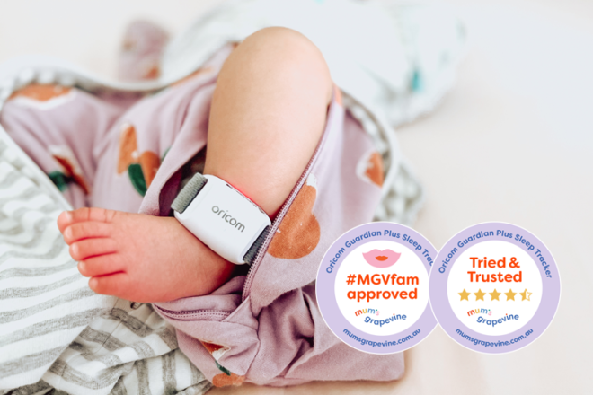 A baby wearing Oricom Guardian Plus wearable sleep trackers