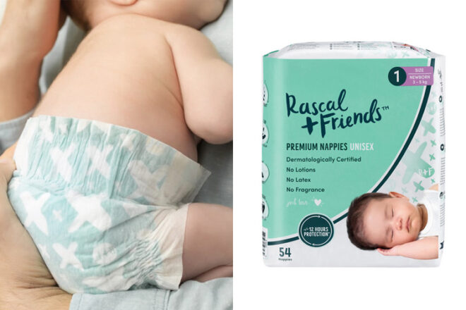 Newborn baby wearing Rascal & Friends nappies