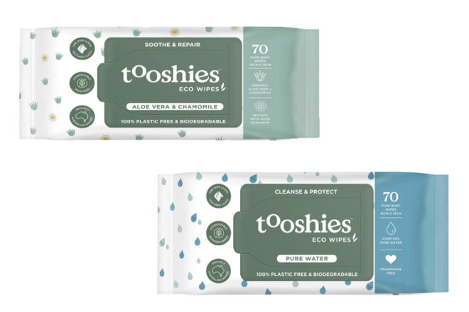 Two packets of Tooshies baby wipes showing the front labels and ingredient list