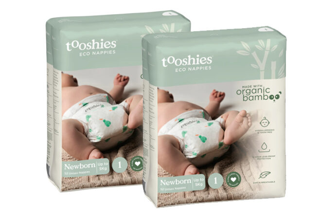 Tooshies Eco Nappies with soft coloured packaging showing their size one newborn nappies