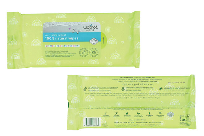 Wotnot Baby Wipes Showing front and back of travel sized packet listing ingredients