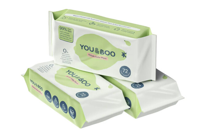 You & Boo Baby wipes in a pile showing the side view and how many are in a packet
