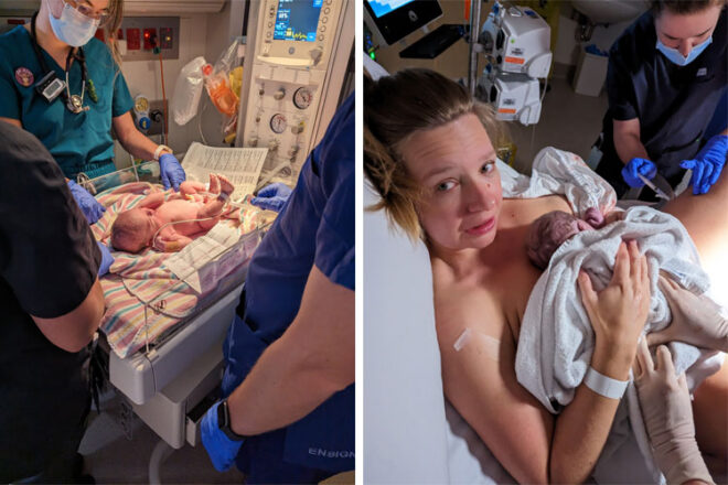 Left image shows baby being helped by midwives Right image Cara holding newborm