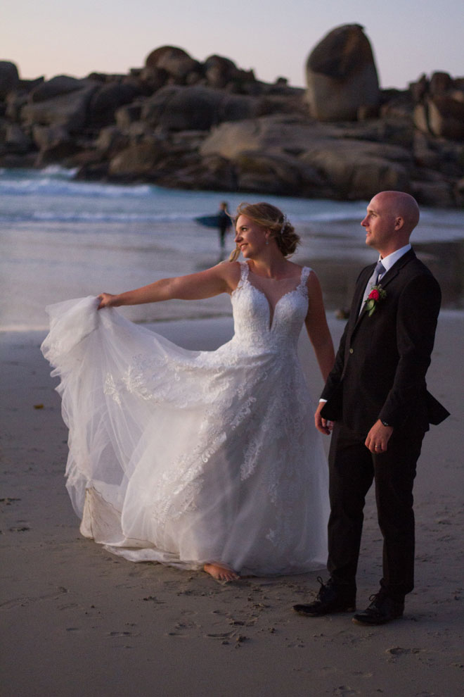 Cara and Tom at wedding on beach