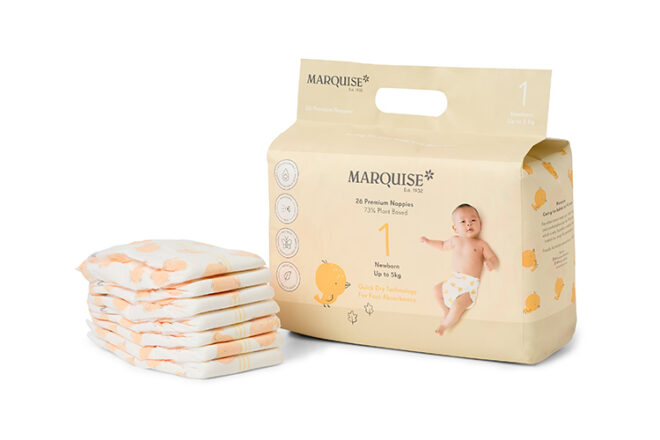 Softly coloured Marquise nappies in their packaging showing their newborn size one nappies 