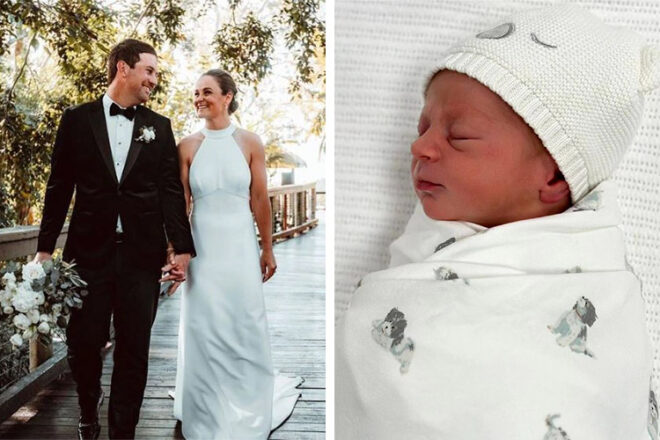 Ash Barty and her husband side by side with their newborn baby