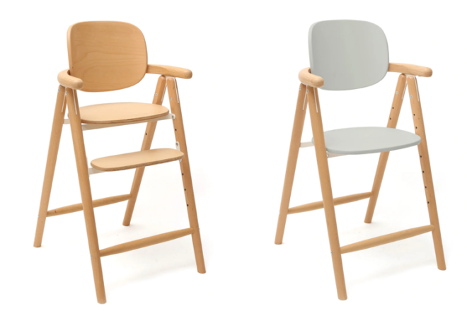 Two new Charlie Crane TOBO evolving High Chair side by side showing the front side view in two colourways
