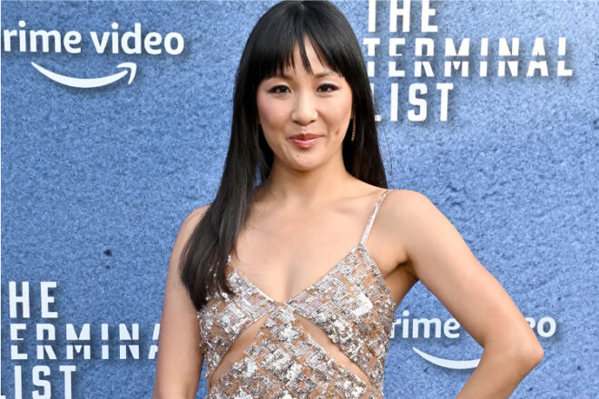 Actress Constance Wu in a sequinned silver dress