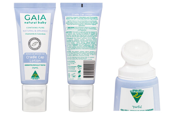 GAIA Natural Baby Cradle Cap Lotion 75ml showing front, back and applicator 