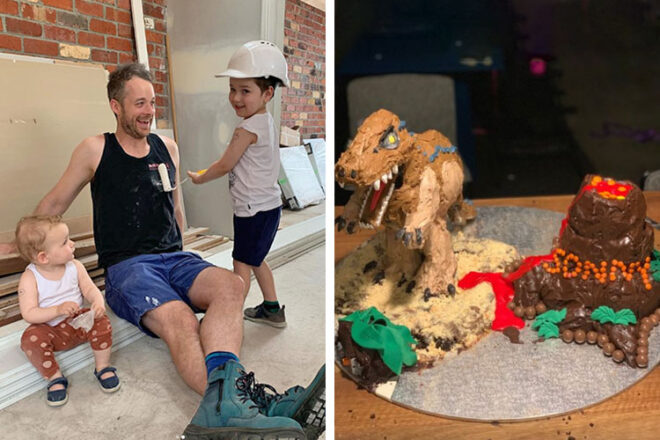 Radio presenter Hamish Blake and his children next to a photo of the cake he made for his son's fifth birthday