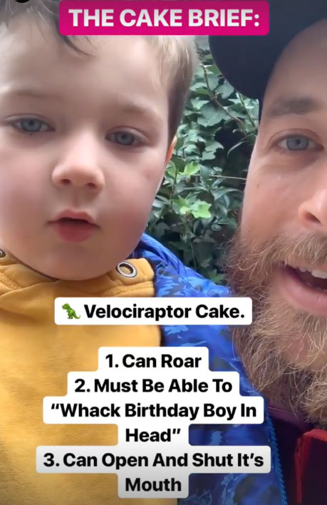 Hamish Blake and his son talking about the details of his birthday cake