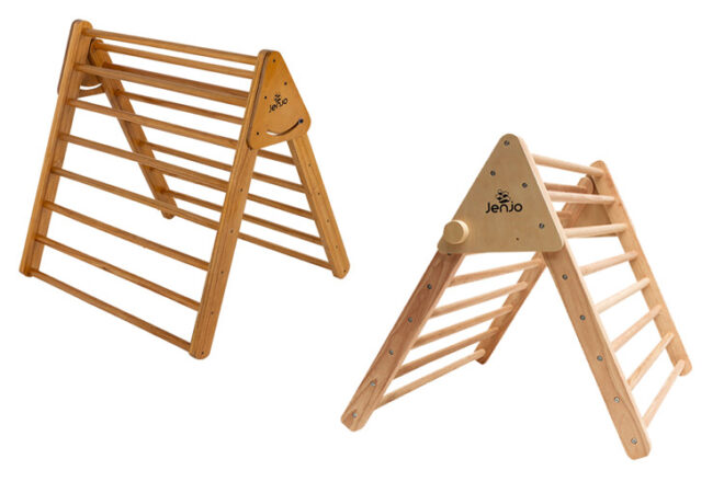 Two Jenjo pikler triangle climbing frames showing side view of the foldable and fixed triangles