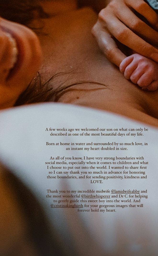 Nikki Reeds instagram story with a baby on her chest holding her hand detailing her birth story
