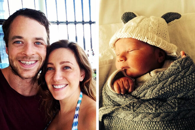Australian TV personality Hamish Blake with his wife Zoe and their newborn son