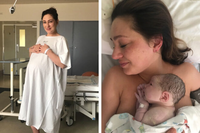 Zoe Foster Blake in a hospital gown next to a photo of her holding her newborn baby girl