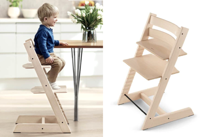 Toddler sitting on a Stokke Tripp Trapp chair at a dining table. 