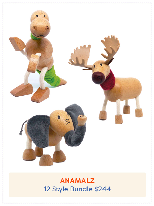 three wooden animal toys from the Anamalz 12 style bundle set