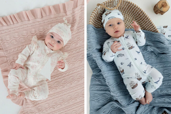 Babies lying on scalloped edged baby blankets