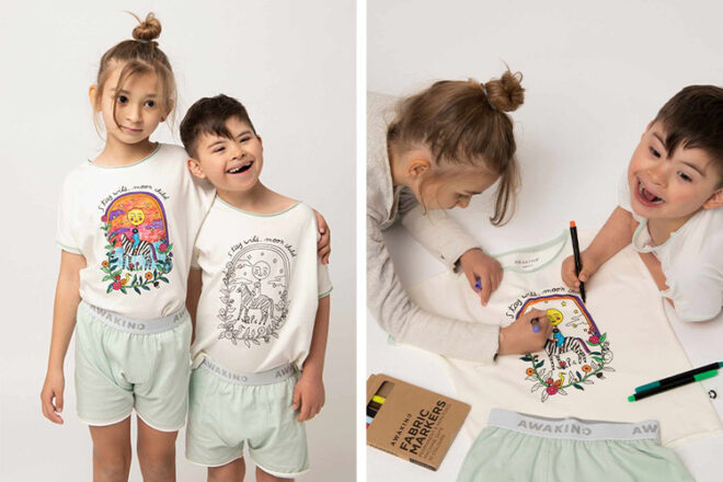 Awakind Organise Cotton pyjamas worn by two children alongside them drawing on the pyjamas showing the use and design of this product.