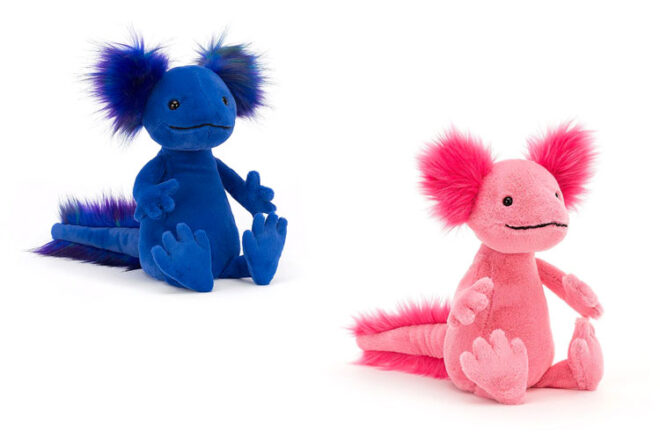 Jellycat Axolotl toys in blue and pink
