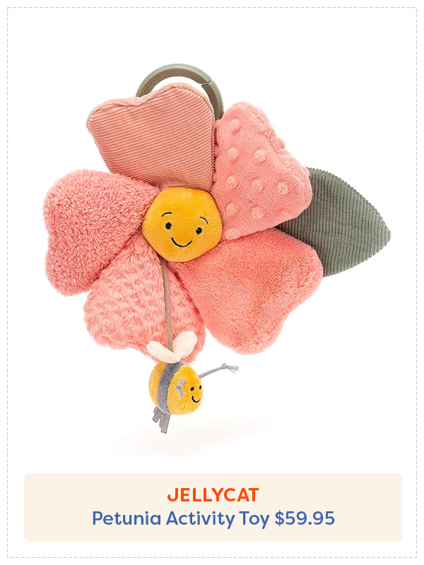 The Jellycat Activity Toy flower hanging in situ