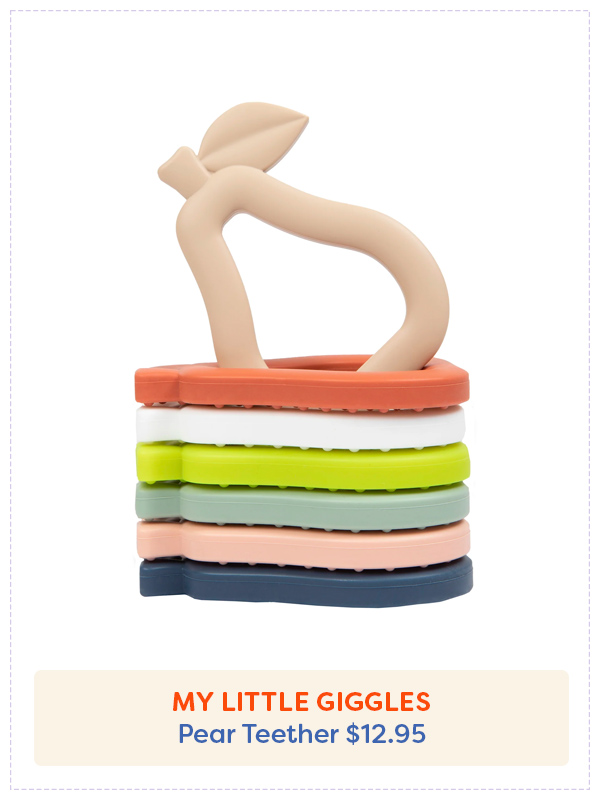 The My Little Giggles Silicone Pear Teethers in multiple colours