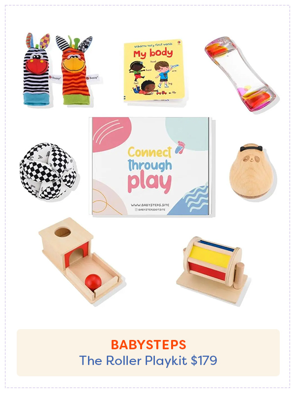a collection of toys suitable for babies learning to roll.