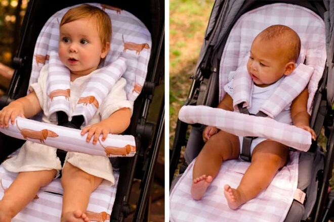 Two babies sitting in strollers with Bambella designs pram liners and accessories attached