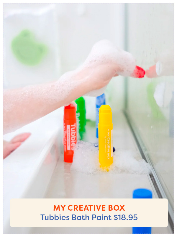 the My Creative Box Tubbies Bath Paint Set being used by a child on the shower screen