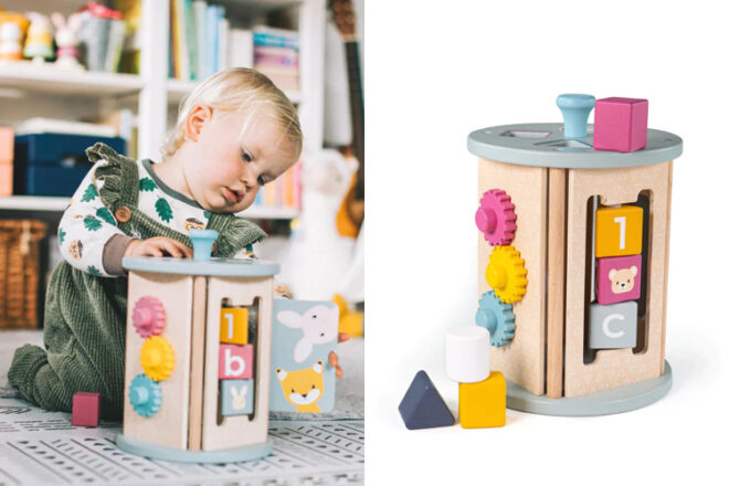 Side by side images showing a child playing with the Bigjigs Toys Rolling Activity Sorter next to a flat lay of the toy