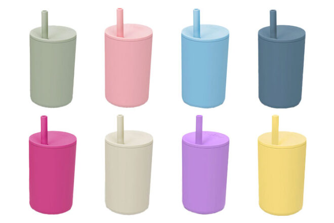 Eight Brightberry silicone smoothie cups in each of the colours that they come in