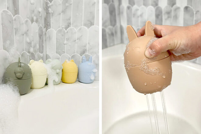Cherub Baby Silicone Squeeze and Squirt bath toys showing their use in bath play and bright, soft colour tones and shapes