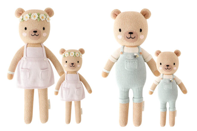 The Cuddle + Kind Honey Bears in Goldie and Charlie standing side by side showing the large and small sizes