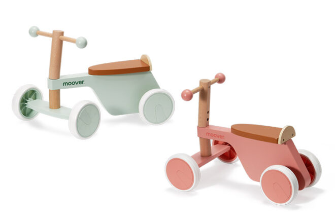 Danish by Design moover ride ons in both pastel green and pink showing different offering colours